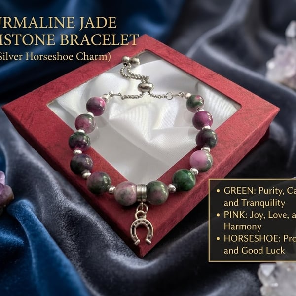 Tourmaline Jade Gemstone Bracelet with Silver Horseshoe Charm – Adjustable Slide
