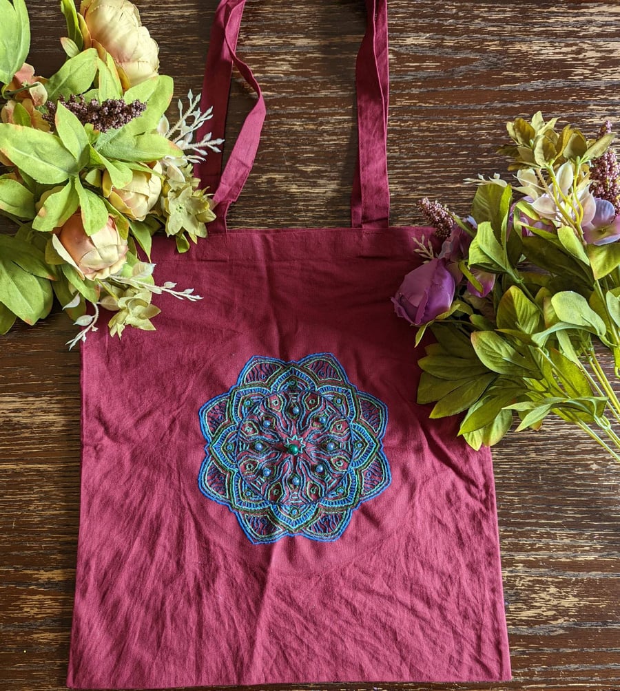 Embroidery and beaded mandala tote bag 