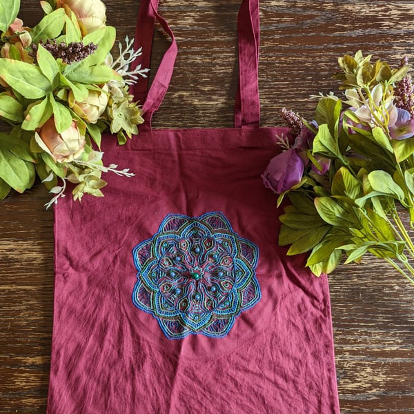 Embroidery and beaded mandala tote bag 