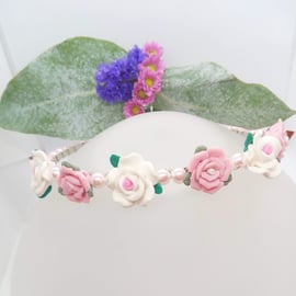 Pink and White Rose Head Band with Pink Pearl Beads, Floral Headband