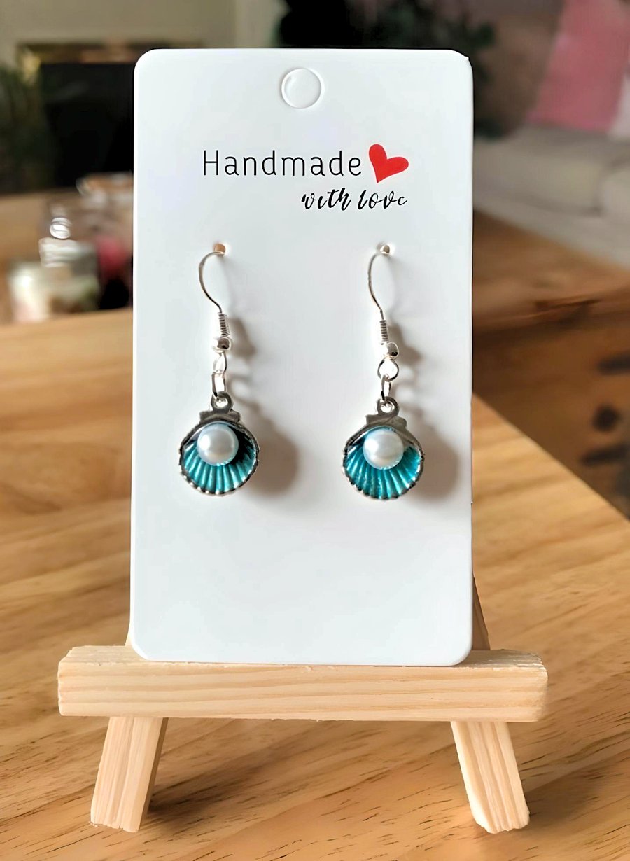 Cute Turquoise Shell & Faux Pearl Earrings 925 Silver Hooks, Beach Jewellery