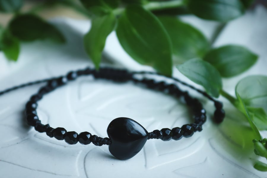 Women's bracelet with onyx heart , valentine's 