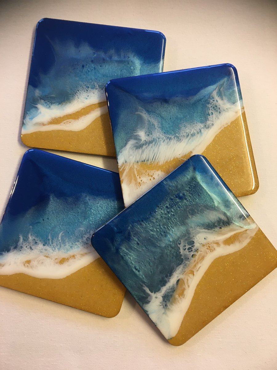  Ocean coasters, heat and scratch resistant resin , set of 4