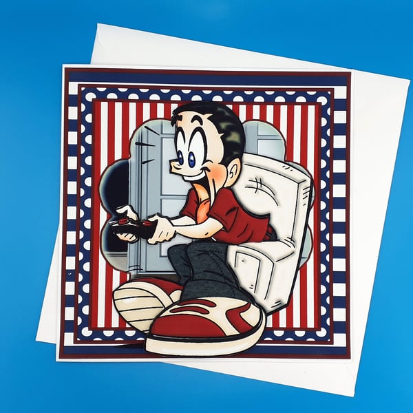 Gamer Birthday Card, 8x8inches, 20x20cms, Decoupage