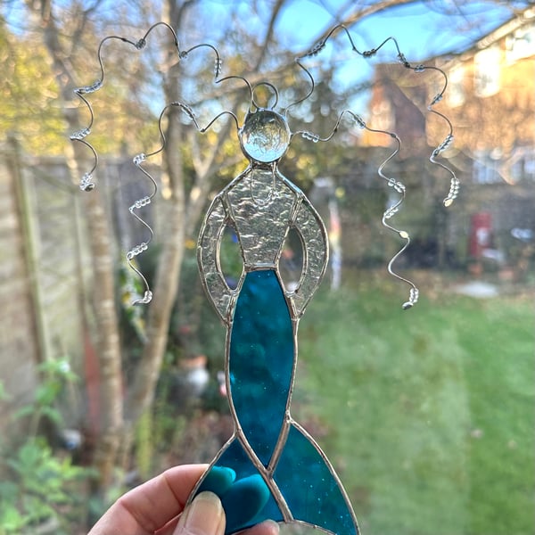 Stained Glass Mermaid Suncatcher - Handmade Hanging Decoration - Turquoise