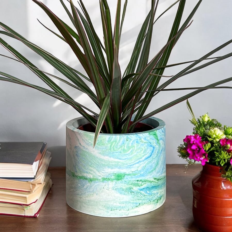 Seascape Marbled Plant Pot  - Blue and Green Large Round Pot Cover (lpp27)