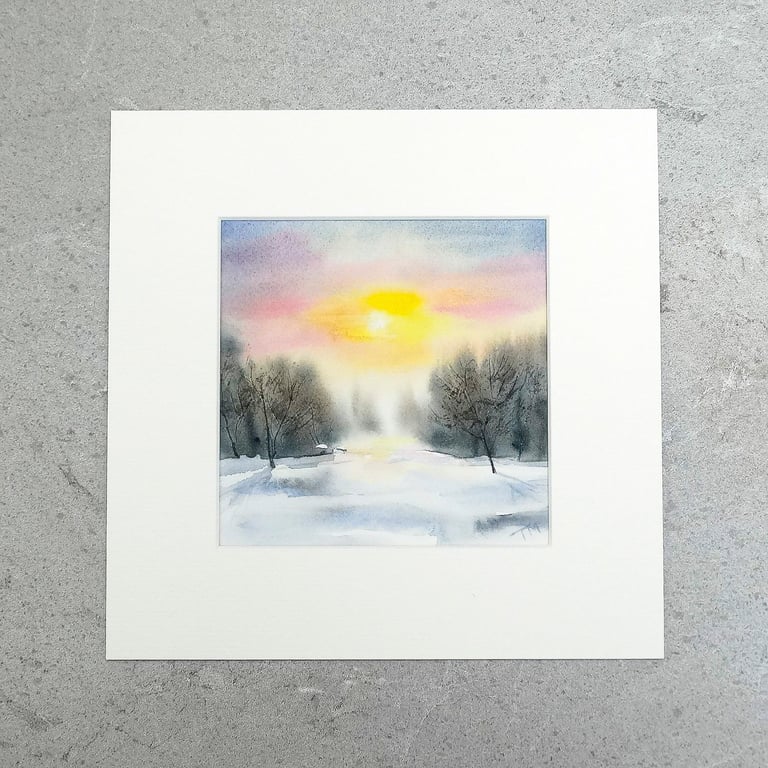 Original Art Watercolour Painting Winter Sunset