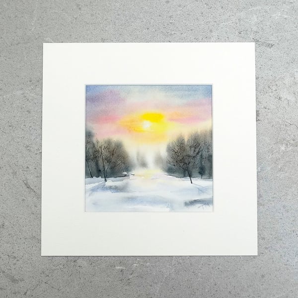 Original Art Watercolour Painting Winter Sunset