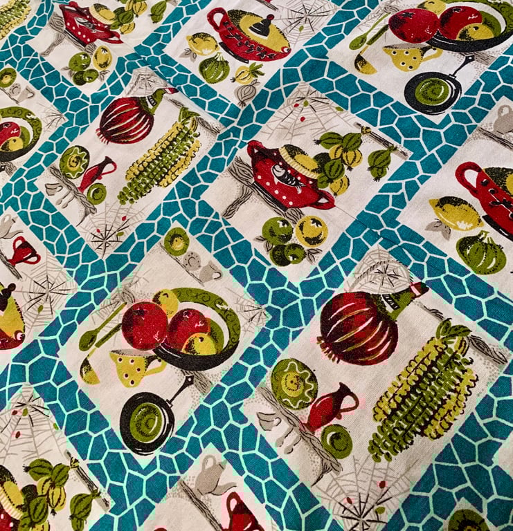  BLUE Kitchenalia 50s 60s Retro KITCHEN Mid Century Vintage Fabric