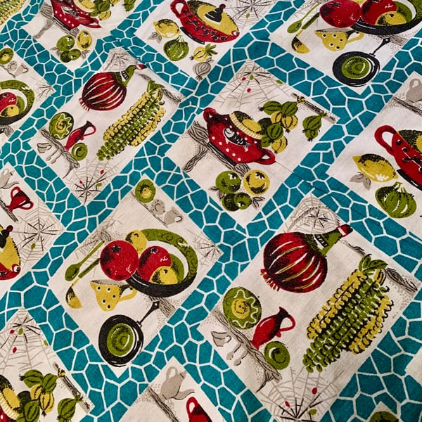  BLUE Kitchenalia 50s 60s Retro KITCHEN Mid Century Vintage Fabric