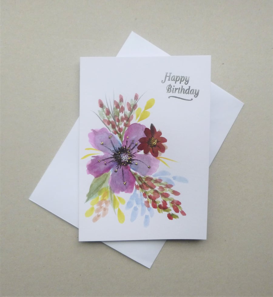 hand painted blank floral Birthday card original art ( ref F502.G2 )