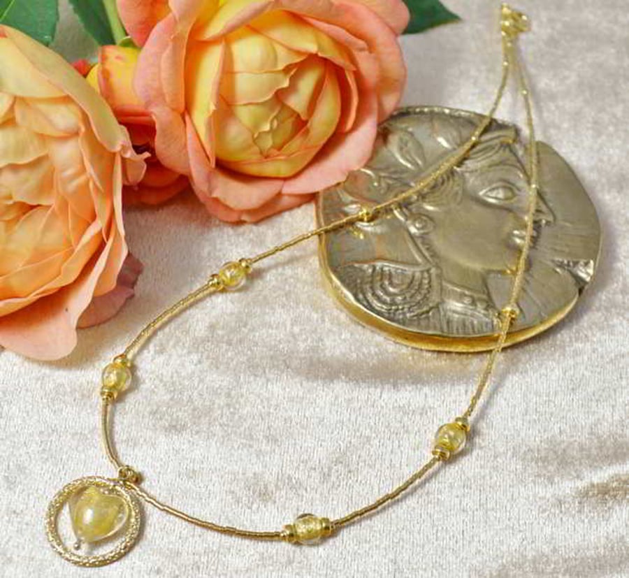 Gold Murano Glass Heart Necklace