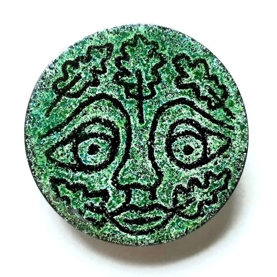 Green Man Brooch - a 'Green Man' Design Circular Brooch in Green & Black Enamels