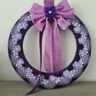 Purple Yarn Wrapped Wreath with Delicate Lace and Velvet Bow