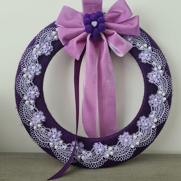 Purple Yarn Wrapped Wreath with Delicate Lace and Velvet Bow