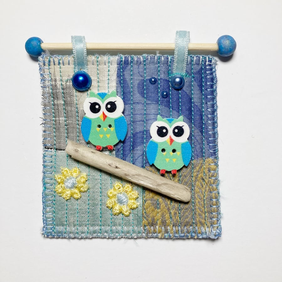 Owls on a branch, miniature quilted patchwork picture