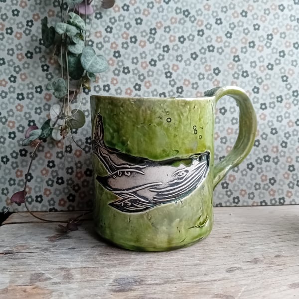 Ceramic handmade coffee mug green whale