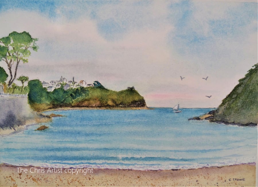  Original watercolour, Readymoney Cove, Fowey Cornwall, beach painting,