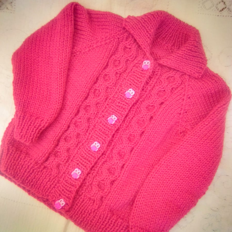 Round Neck Hand Knitted Cabled Cardigan in Chunky Yarn for a Girl, Gift for Girl
