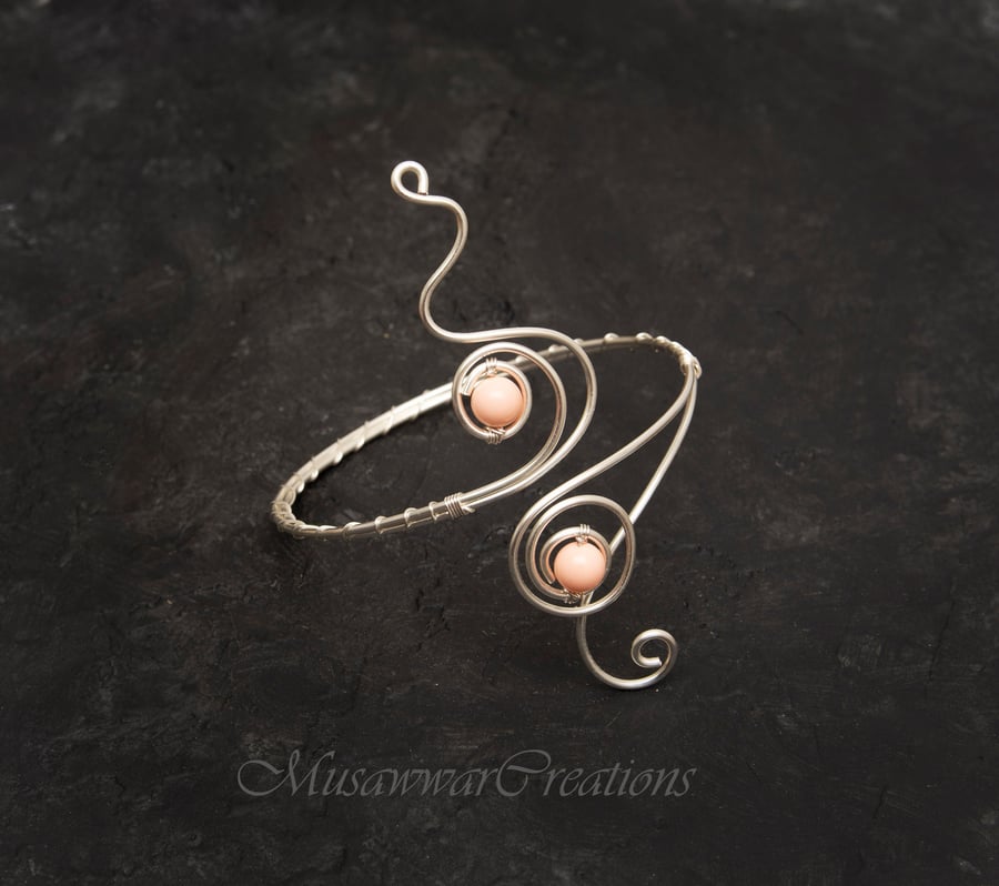 Bridal arm cuff Peach quartz Silver upper arm cuff ,bracelet cuff, Silver Wire 