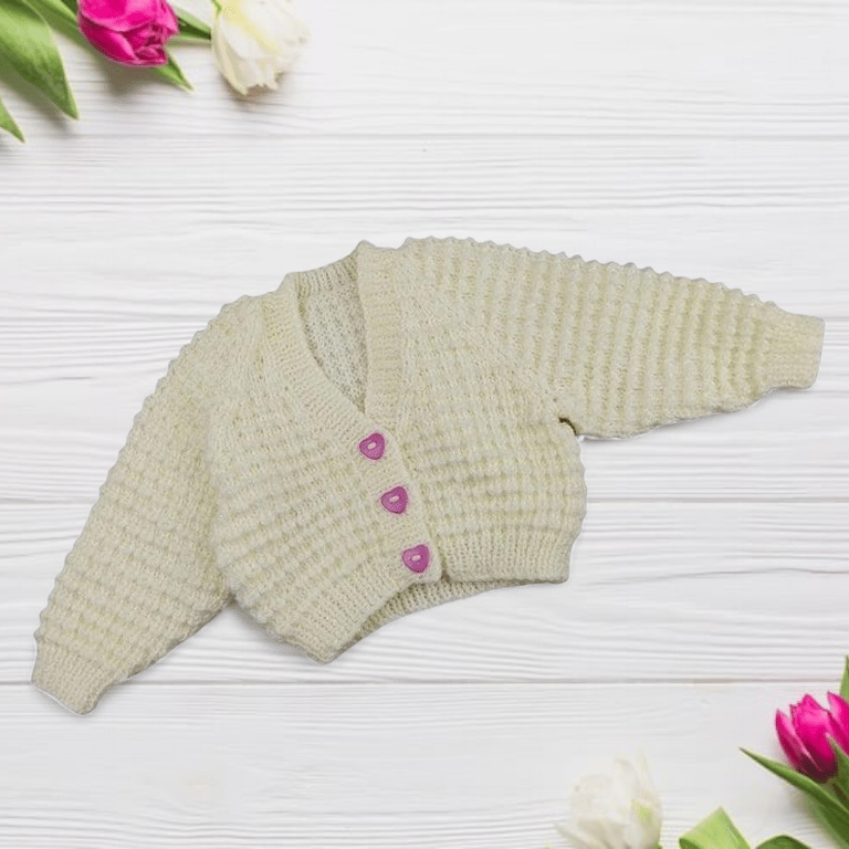 Hand Knitted Cream Baby Cardigan with Heart Buttons 0–3 Months