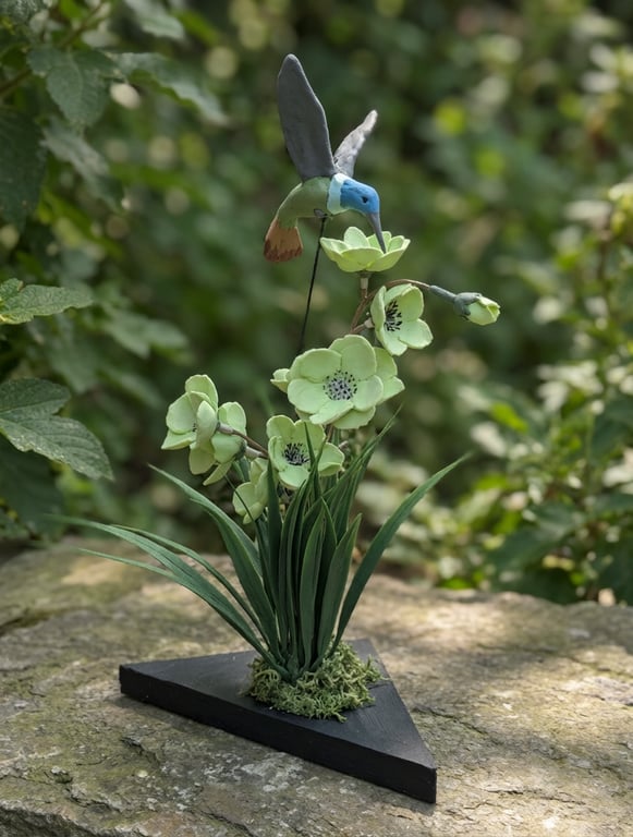 Hovering Humming Bird flower arrangement display on wood plinth