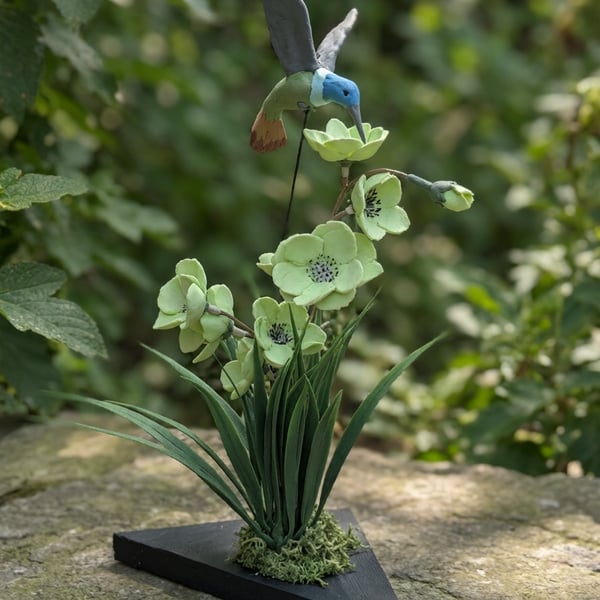 Hovering Humming Bird flower arrangement display on wood plinth