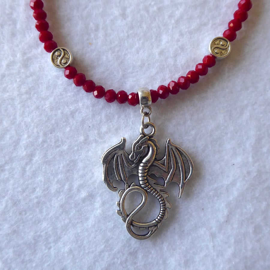 Red Faceted Bead Necklace with Dragon Pendant