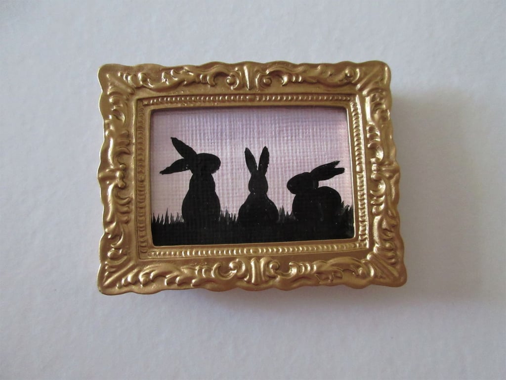 Doll House Miniature Original Painting Framed with Bunny Silhouette Rabbit 