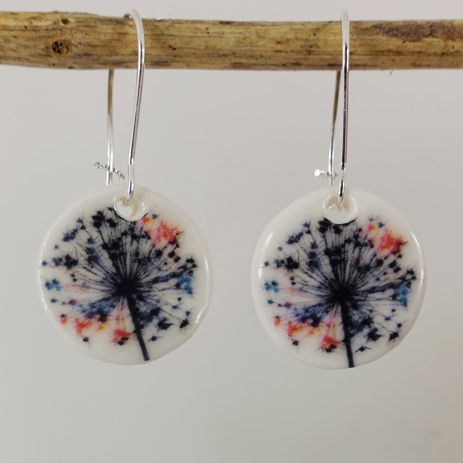 Porcelain Clay Ceramic Flower Round Dangle Earrings