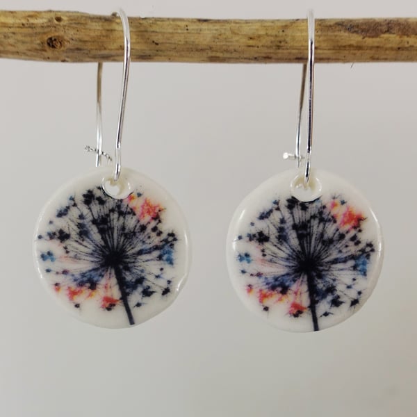 Porcelain Clay Ceramic Flower Round Dangle Earrings