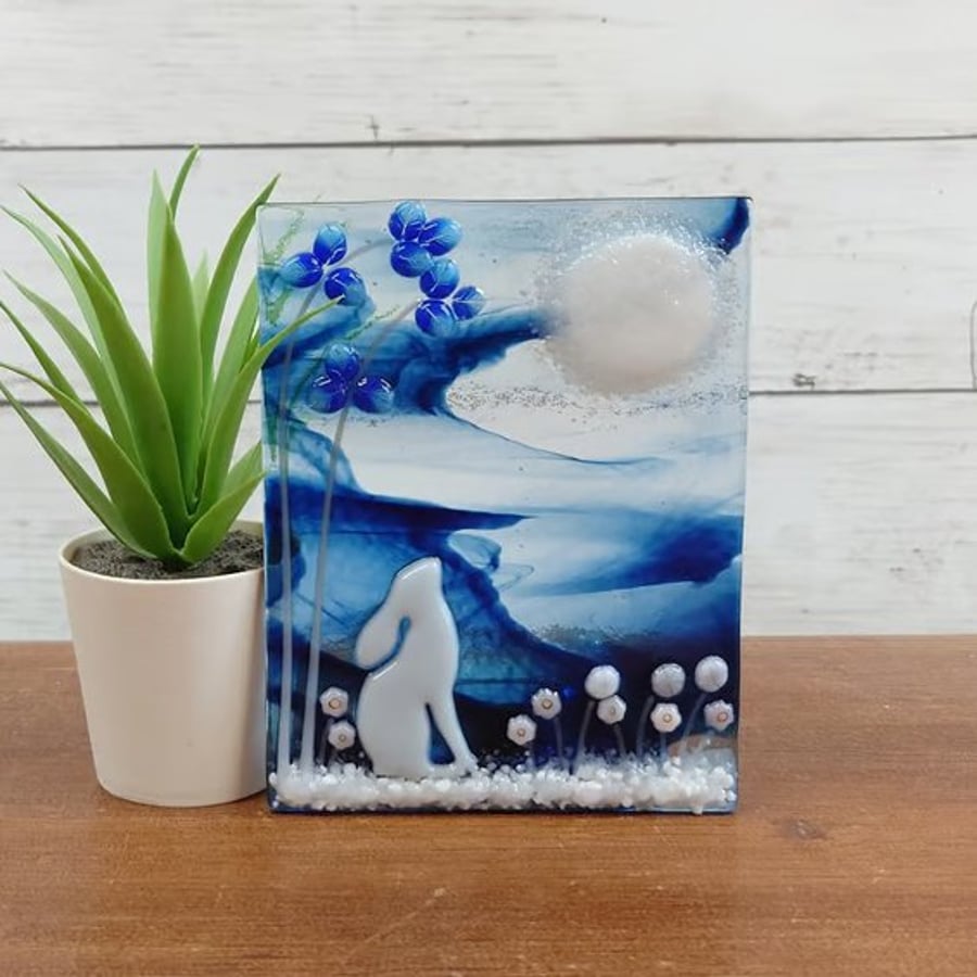 Moon Gazing Hare Tealight Holder, Unique Handmade Fused Glass Gift