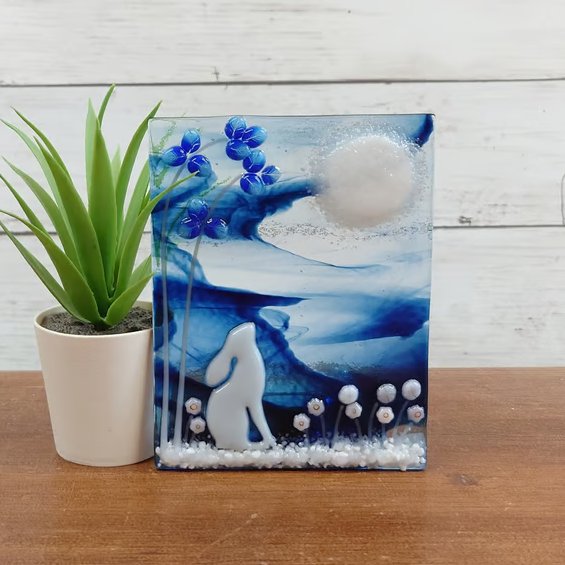 Moon Gazing Hare Tealight Holder, Unique Handmade Fused Glass Gift