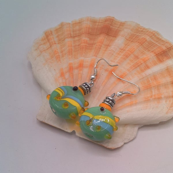 Green Blue and Yellow Lampwork Bead Earrings, Beaded Earrings, Gift for Her