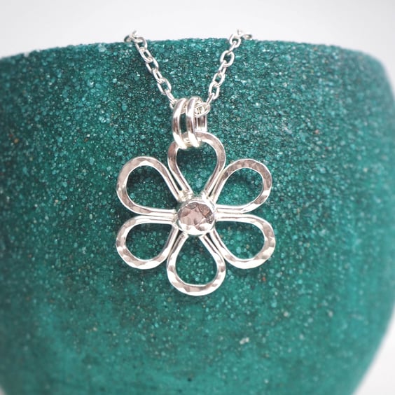 Silver Daisy Flower Pendant, Silver spring flower necklace, wedding jewellery