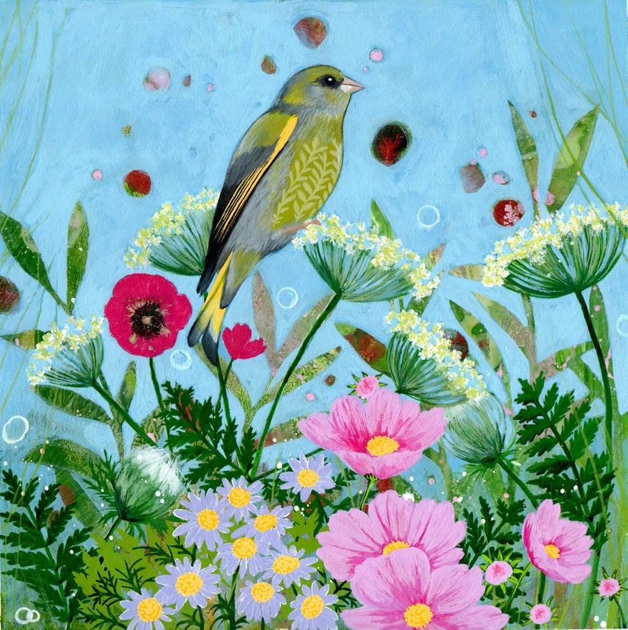 Greenfinch Original Acrylic and Mixed Media Painting Birdwatcher Gift