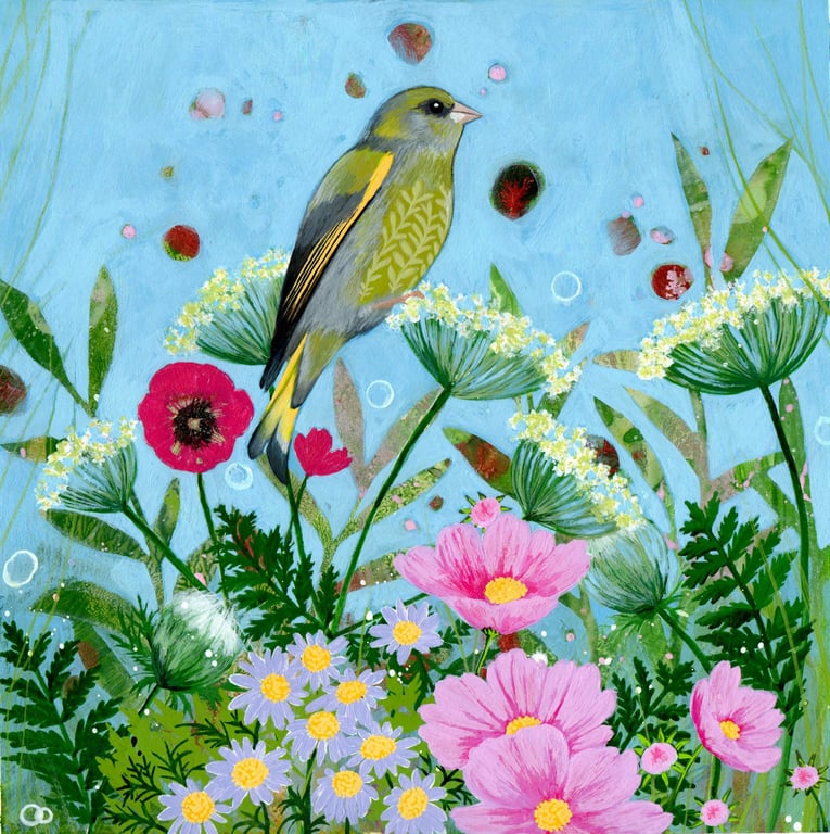 Greenfinch Original Acrylic and Mixed Media Painting Birdwatcher Gift