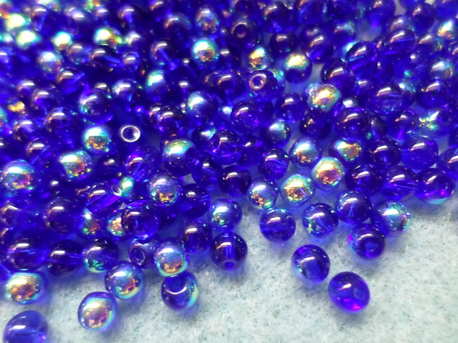 300 x AB Plated Glass Beads - Round - 4mm - Blue 