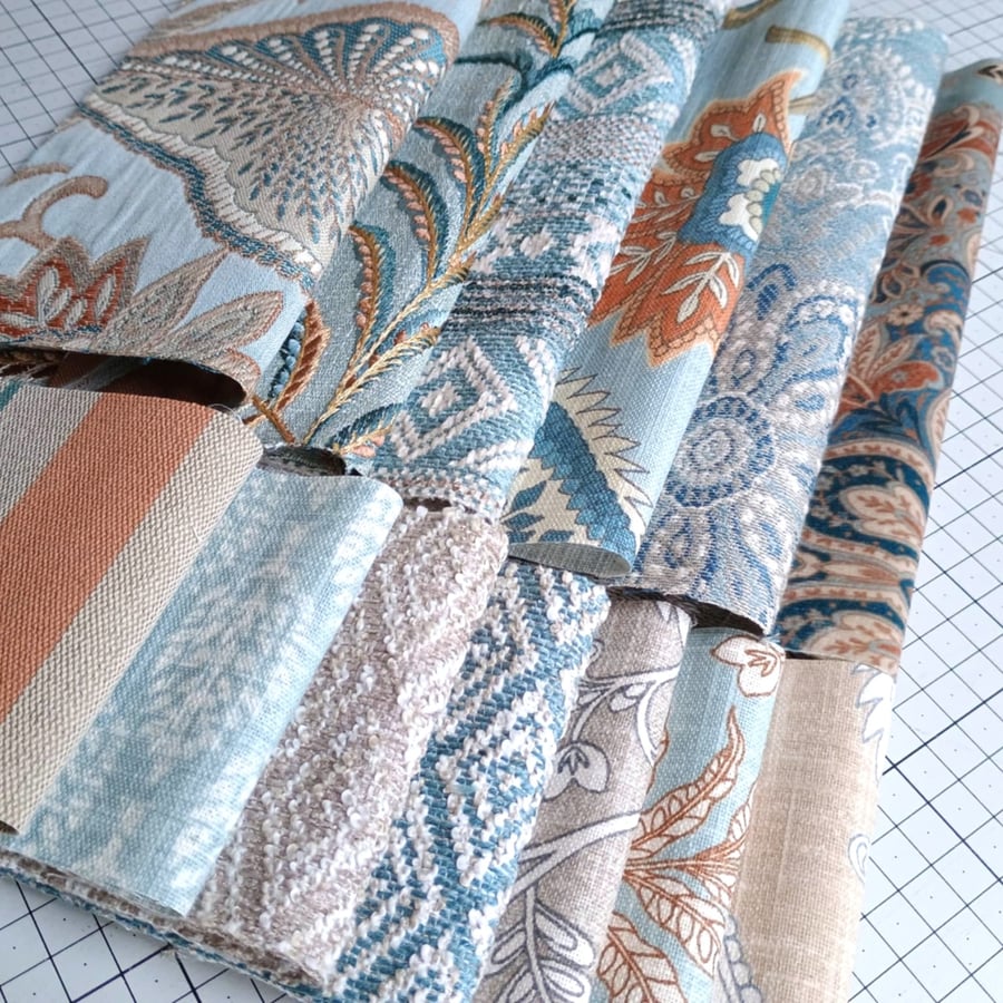 Fabric inspiration craft bundle - Aqua and terracotta reclaimed curtain samples 