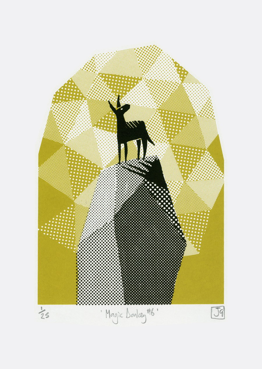 Magic Donkey No.6 two-colour A4 screen-print (black & yellow)