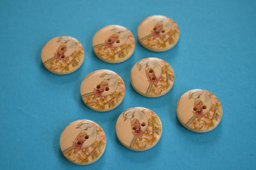 Wooden Brown & Grey Bird Buttons Vintage Style 8pk 20mm (MB3)