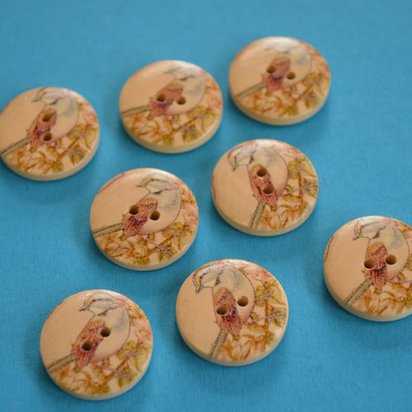 Wooden Brown & Grey Bird Buttons Vintage Style 8pk 20mm (MB3)