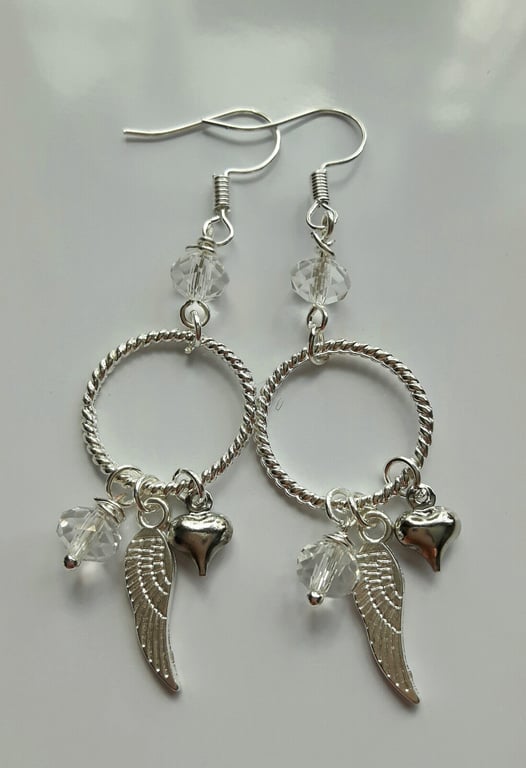Mutli charm drop silver earrings angel wing bead drop womens boho design