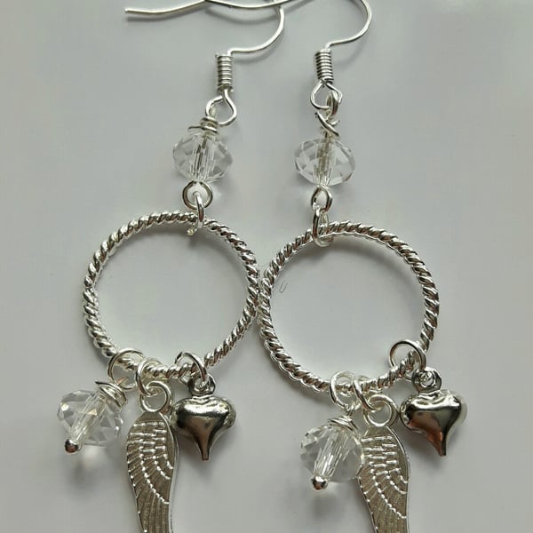 Mutli charm drop silver earrings angel wing bead drop womens boho design