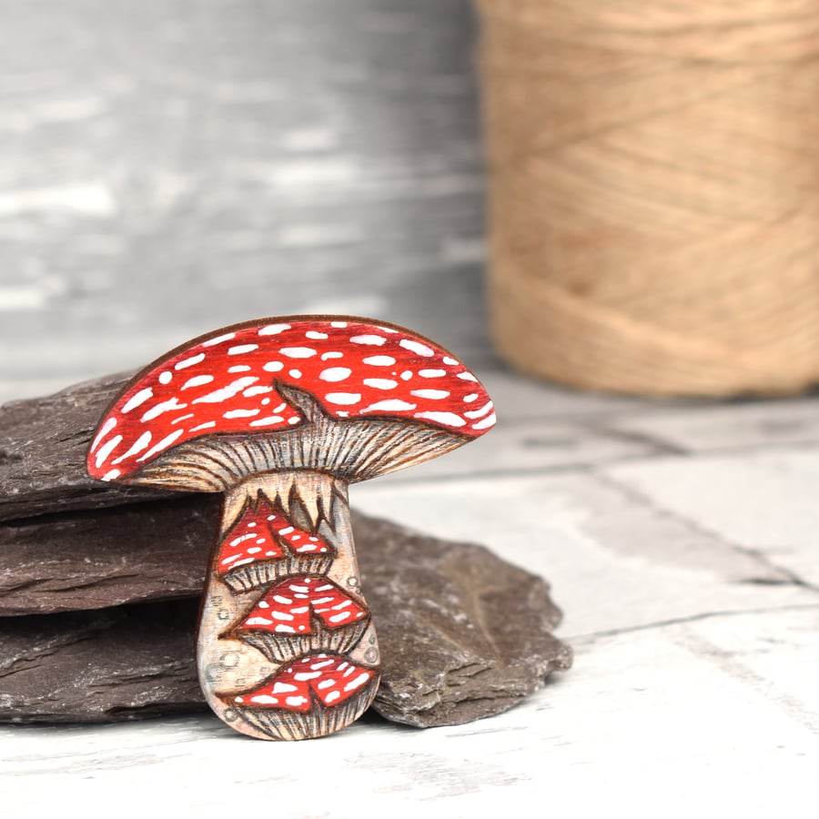 Red Toadstool Brooch hand burned using pyrography.