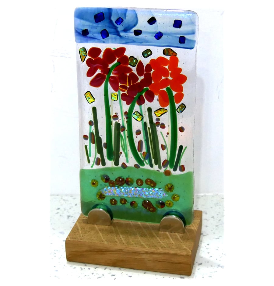  Fused Glass Flower Picture Free Standing on Oak Stand Floral Art Suncatcher