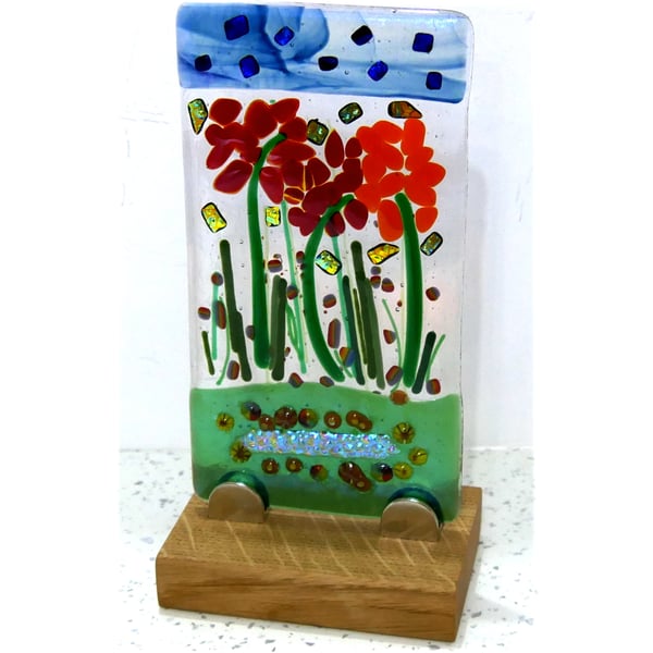  Fused Glass Flower Picture Free Standing on Oak Stand Floral Art Suncatcher