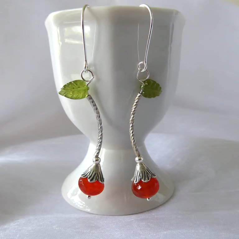 Orange Blossom Flower Bud Earrings with Vesuvianite Leaf, Sterling & Fine Silver