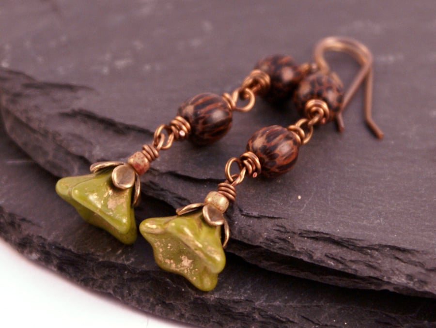 Olivine Flowers - Wire Wrapped Czech Glass and Wooden Bead Earrings