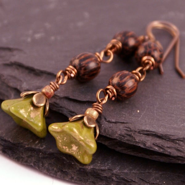 Olivine Flowers - Wire Wrapped Czech Glass and Wooden Bead Earrings